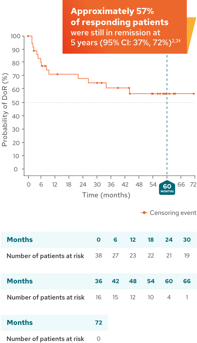 L-MIND duration of response Kaplan-Meier graph. A 5-year follow-up analysis in patients with R/R DLCBL (N=71). Median DoR not reached (median follow-up 53.8 months [95% CI: 31.8-58.7]).